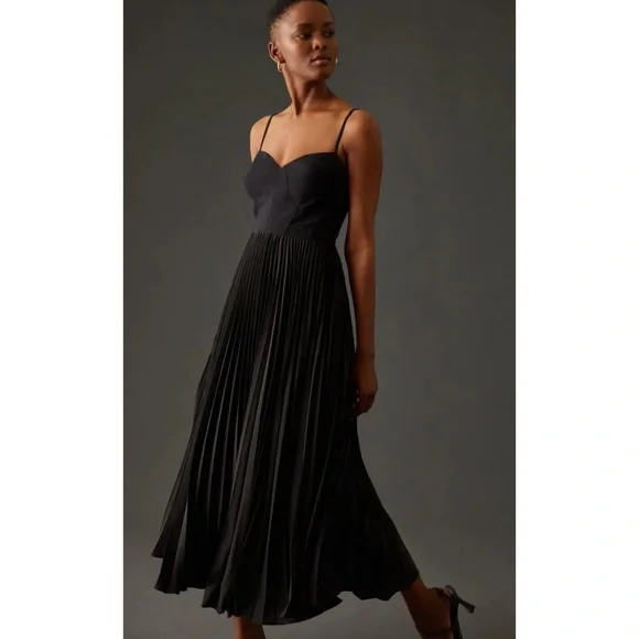 ANTHROPOLOGIE | $180 Sweetheart Bodice Pleated Midi Dress in Black, Size Small - Picture 12 of 12